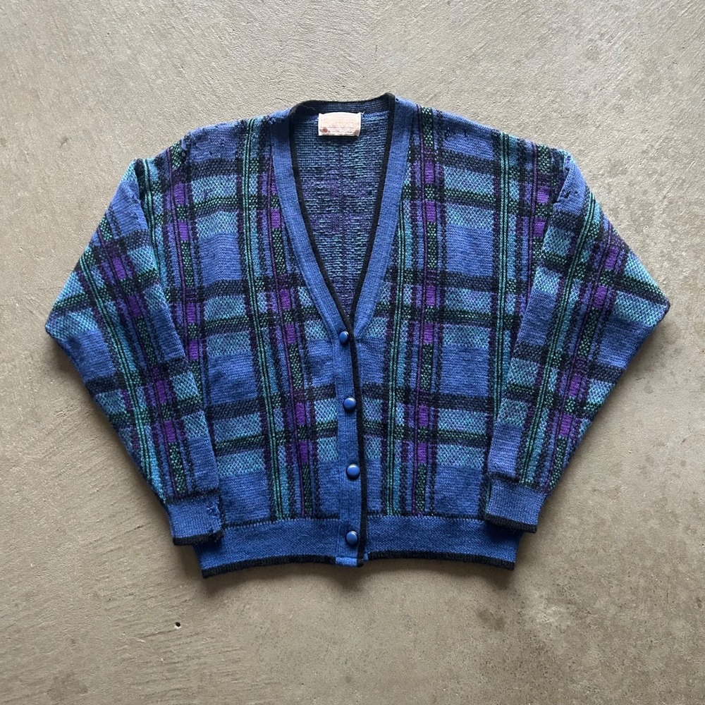 Vintage 60s Pendleton Cardigan Sweater Size Medium Blue Plaid Virgin Wool USA